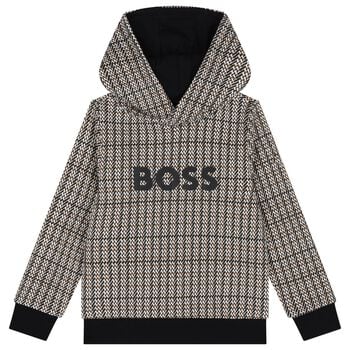 Boys Black, Beige & White Checked Logo Hooded Top