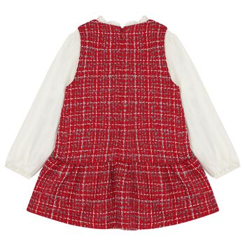 Girls White & Red Pinafore Tweed Dress