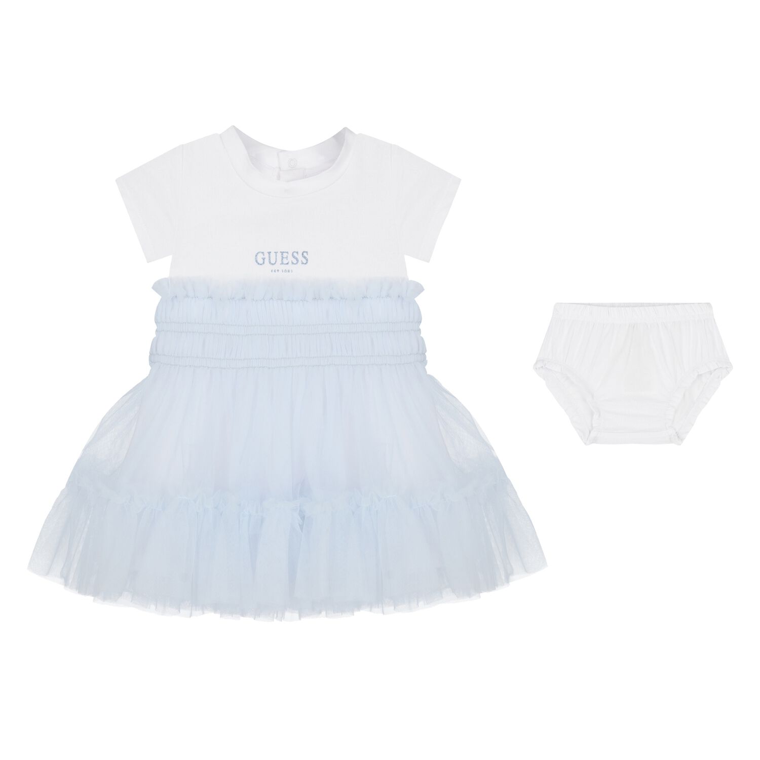Baby Girls White & Blue Logo Tulle Dress Set, 1, hi-res