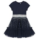 Girls Navy Blue Embellished Tulle Dress, 1, hi-res