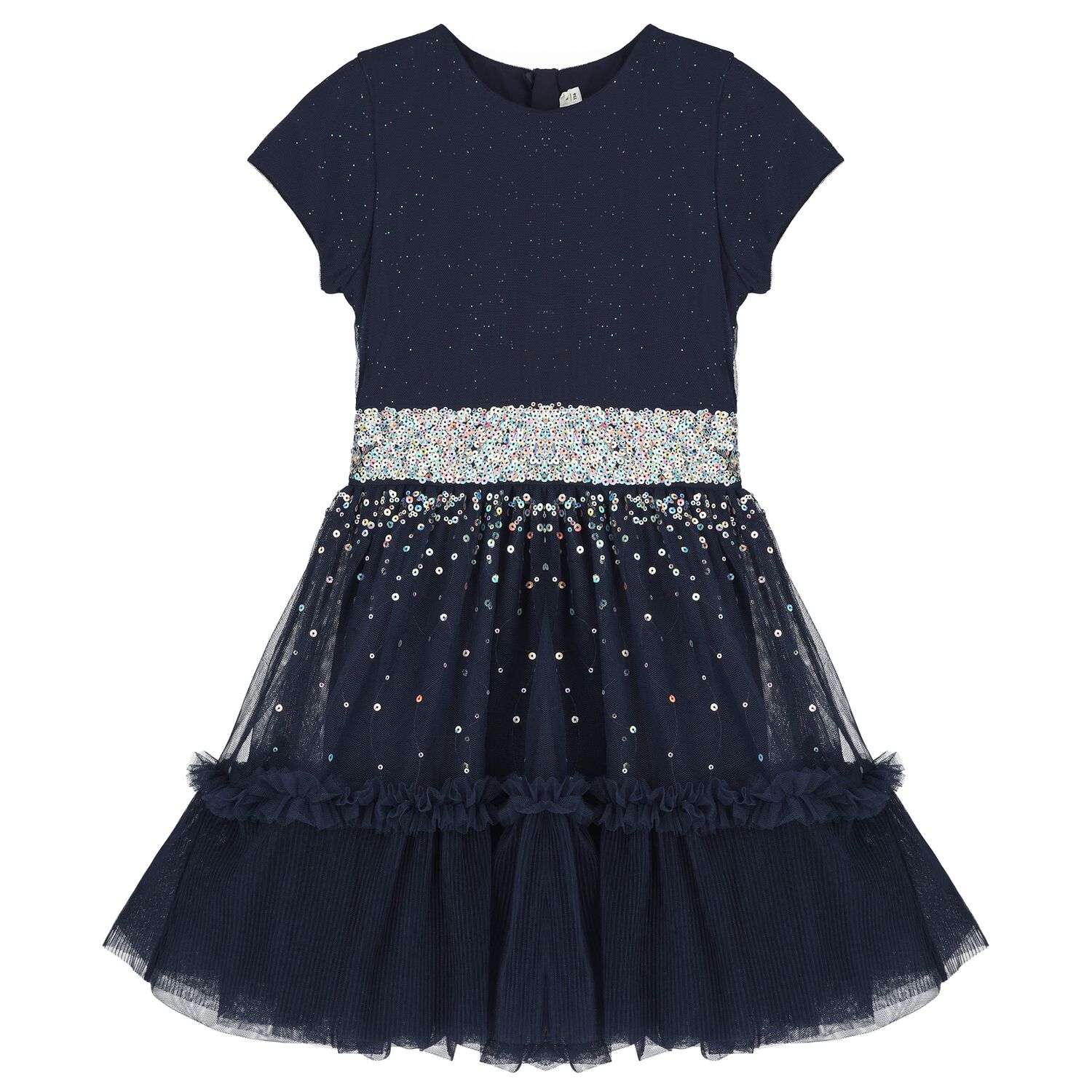 Girls Navy Blue Embellished Tulle Dress, 1, hi-res