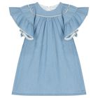 Girls Denim Blue Ruffled Dress, 1, hi-res