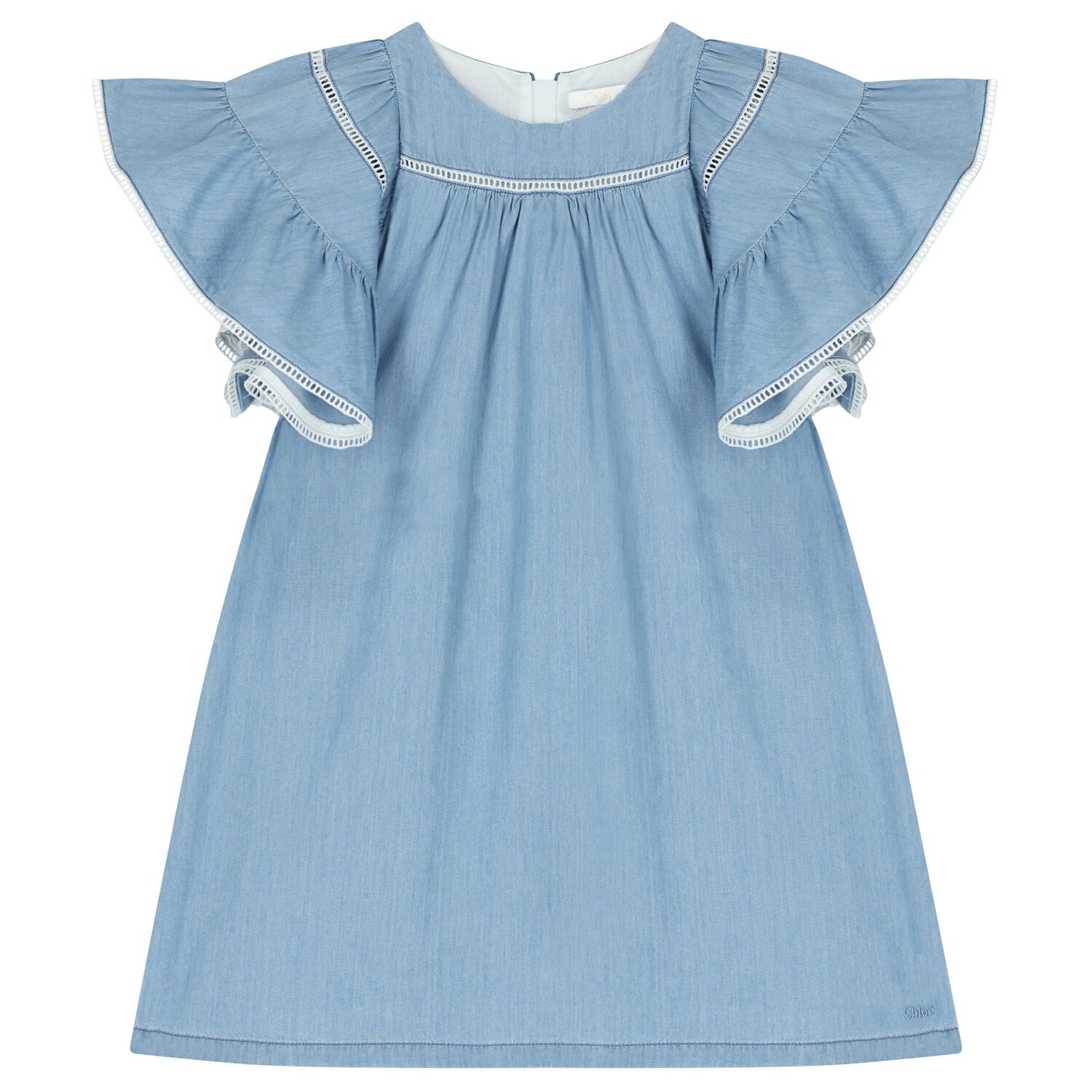 Girls Denim Blue Ruffled Dress, 1, hi-res