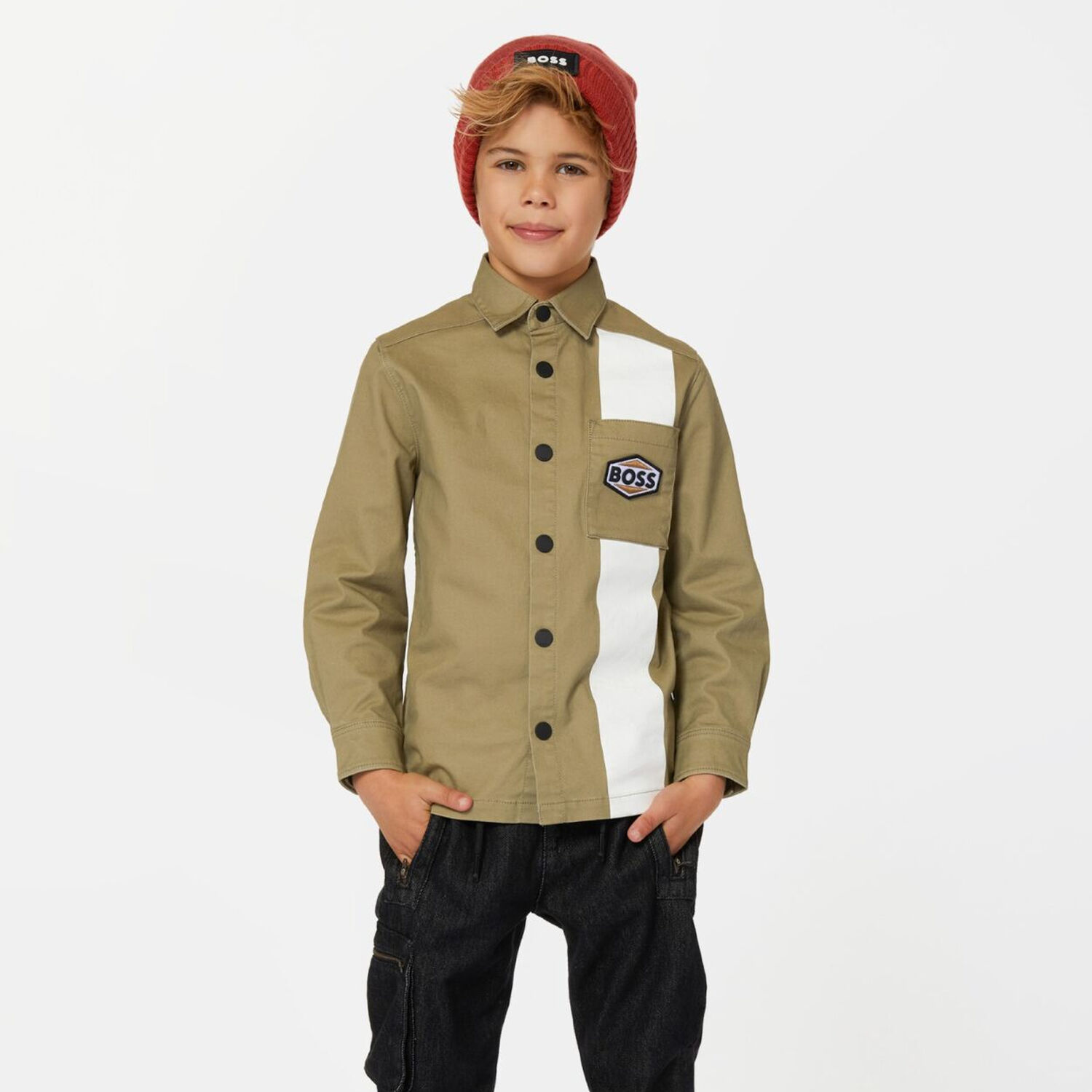 Boys Khaki Green Logo Shirt, 1, hi-res