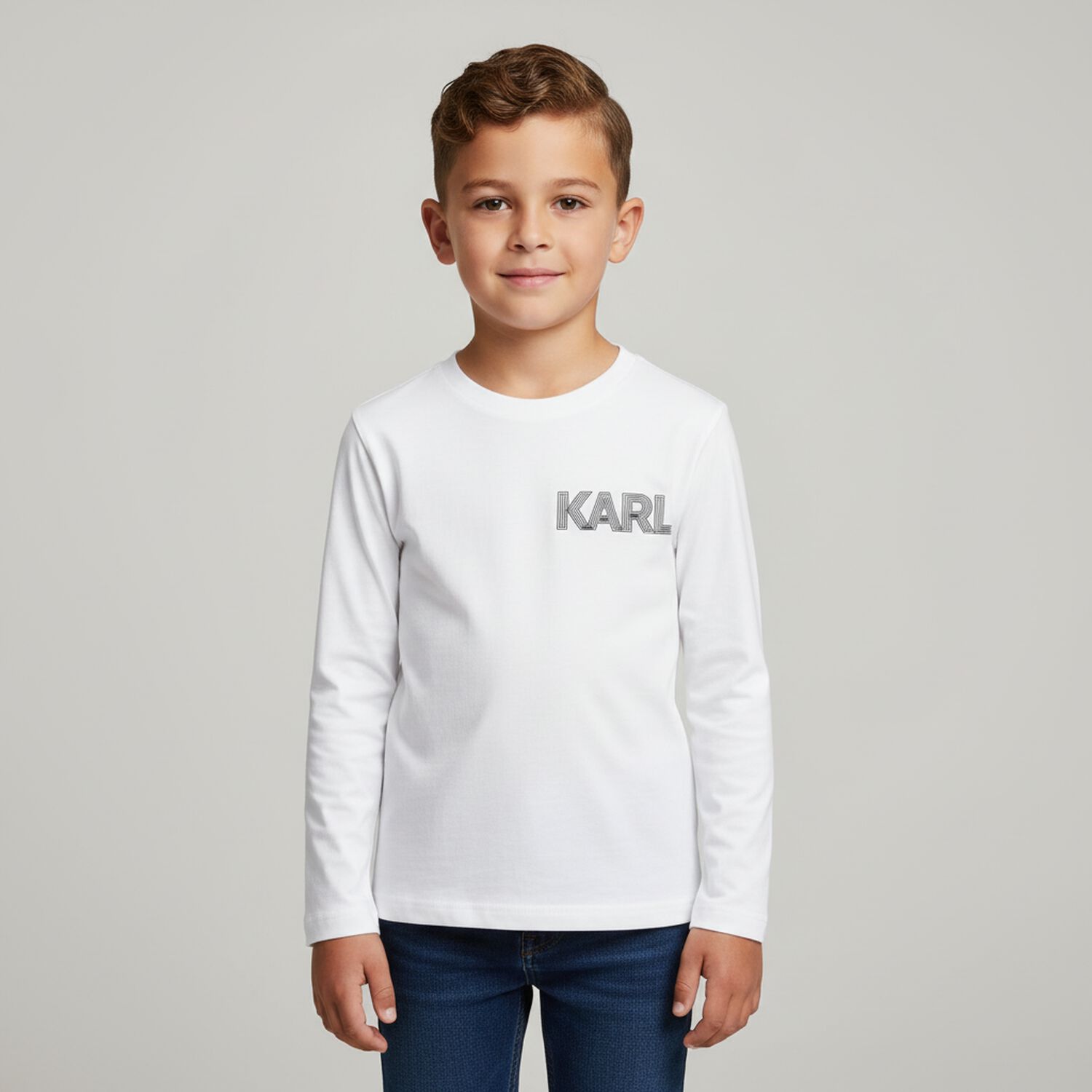 Boys White Logo Long Sleeve Top, 1, hi-res