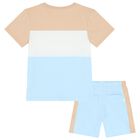 Boys Beige, White & Blue Logo Shorts Set, 1, hi-res