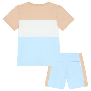 Boys Beige, White & Blue Logo Shorts Set