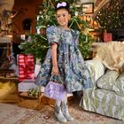 Girls Lilac & Blue Floral Jacquard Dress, 1, hi-res