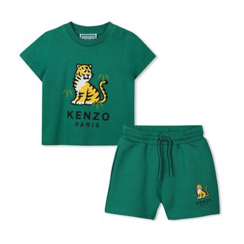 Younger Boys Green Tiger Logo Shorts Set