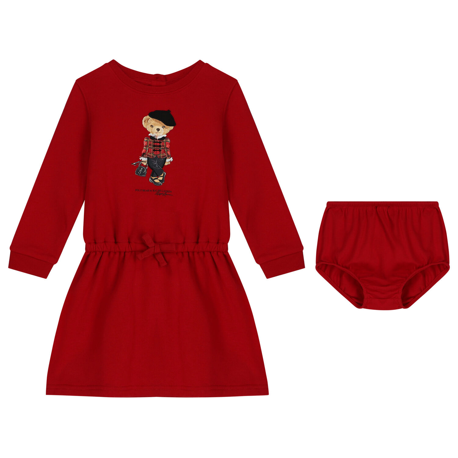 Baby Girls Red Polo Bear Dress Set, 1, hi-res
