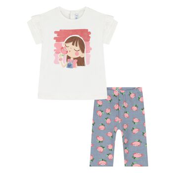 Younger Girls White & Blue Floral Leggings Set