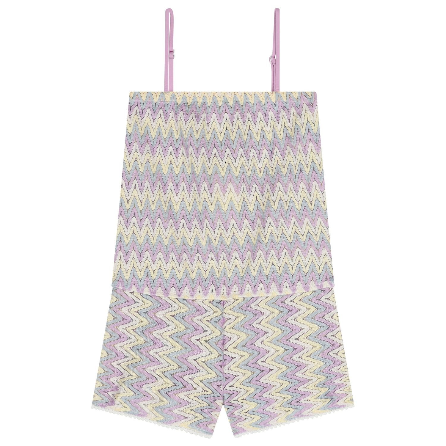 Girls Lilac & Ivory Zig-Zag Crochet Playsuit, 1, hi-res