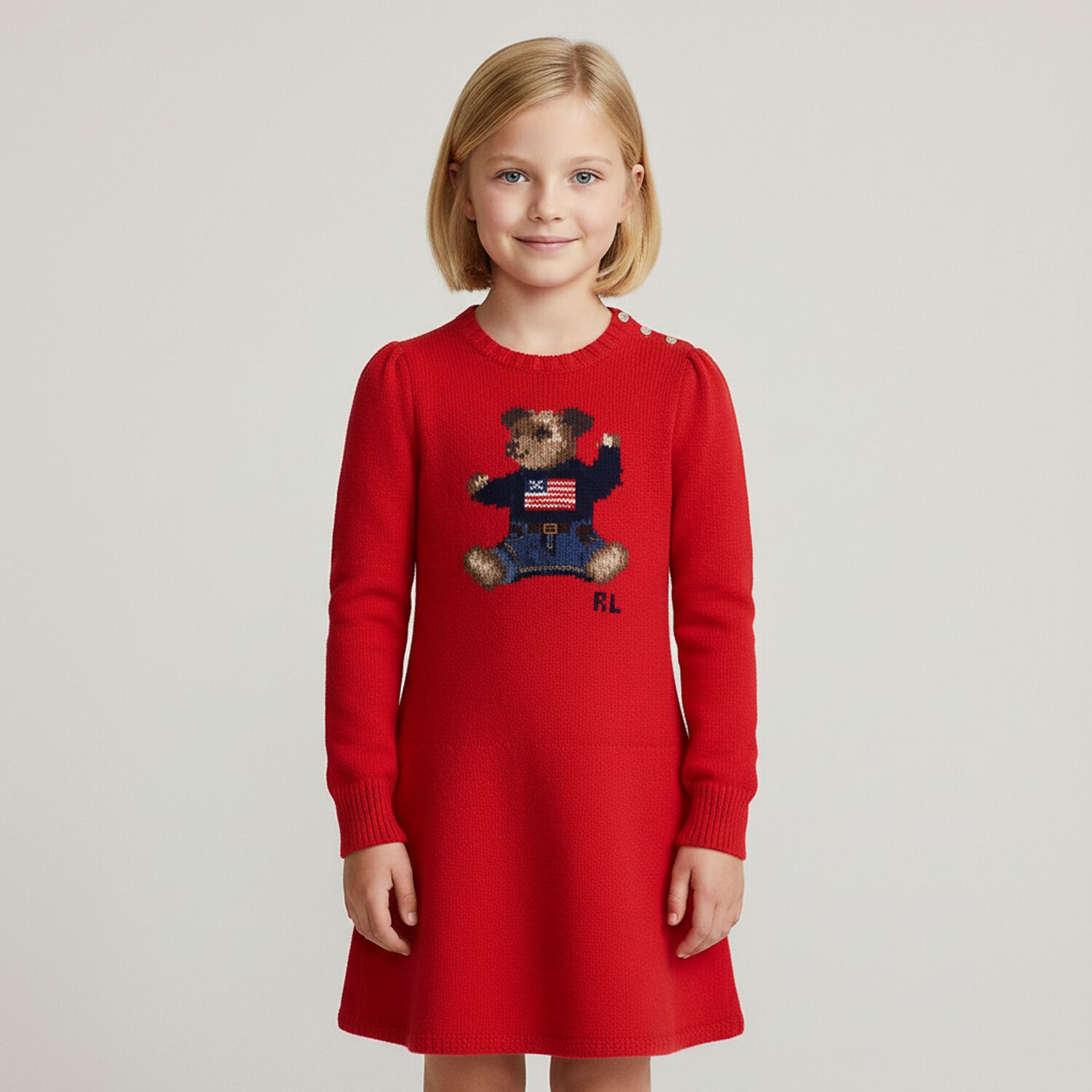 Girls Red Polo Bear Knitted Dress, 1, hi-res image number null