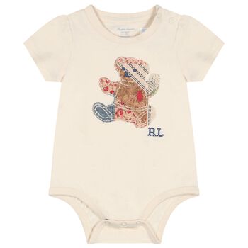 Baby Girls Beige Patchwork Bear Bodysuit