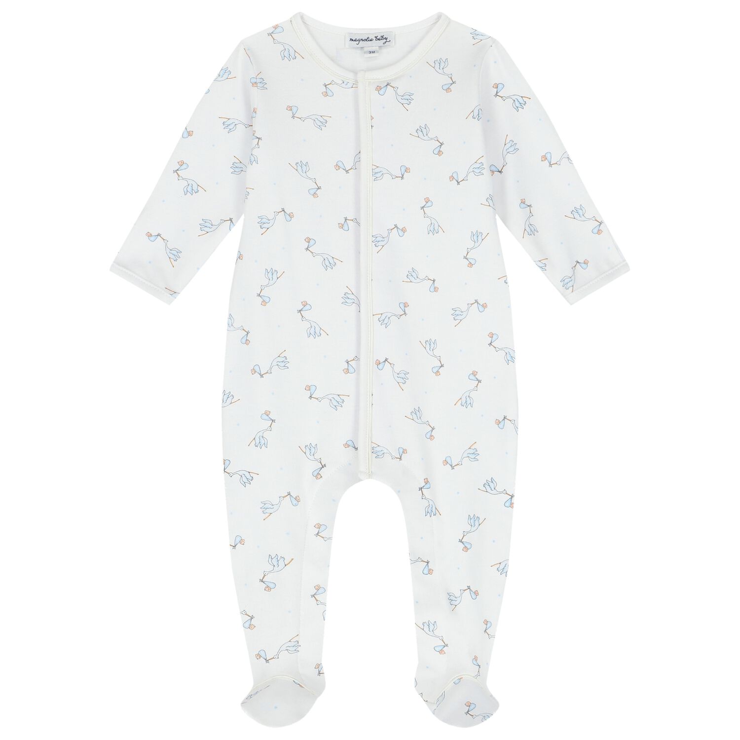 Baby Boys White & Blue Stork Print Babygrow, 1, hi-res