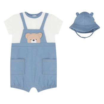 Baby Boys Blue & White Bear Romper & Hat Set