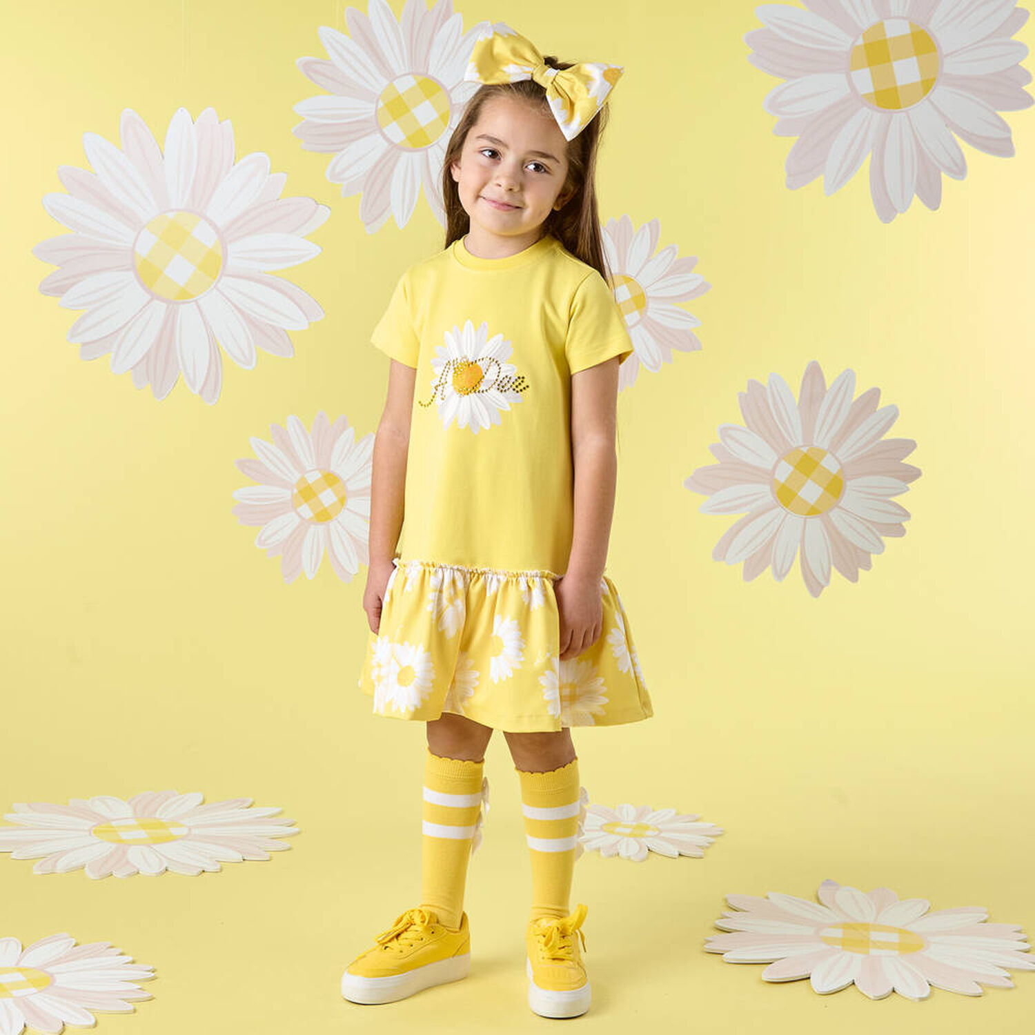 Girls Yellow Daisy Cotton Dress, 1, hi-res