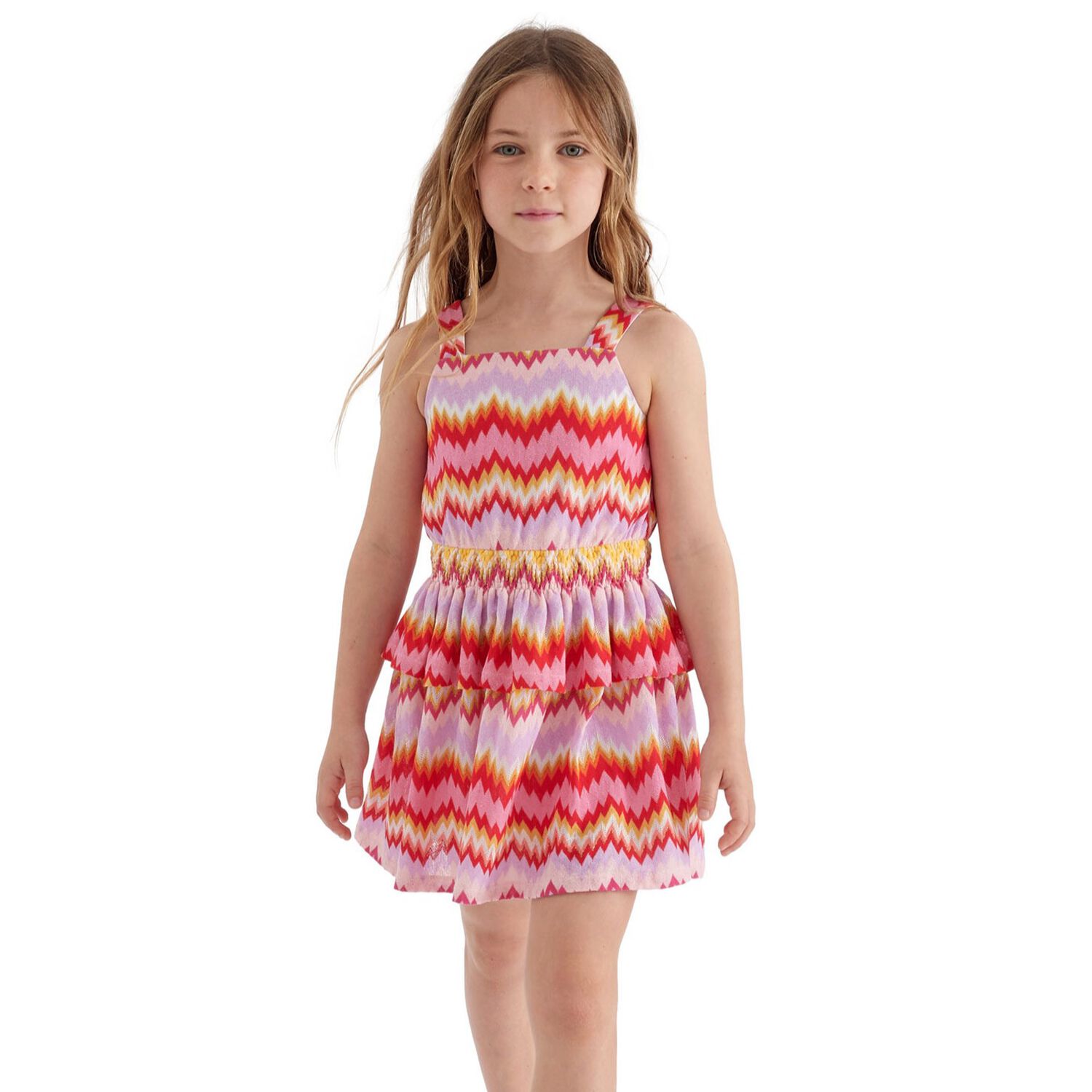 Girls Pink & Orange Zigzag Knitted Dress, 1, hi-res