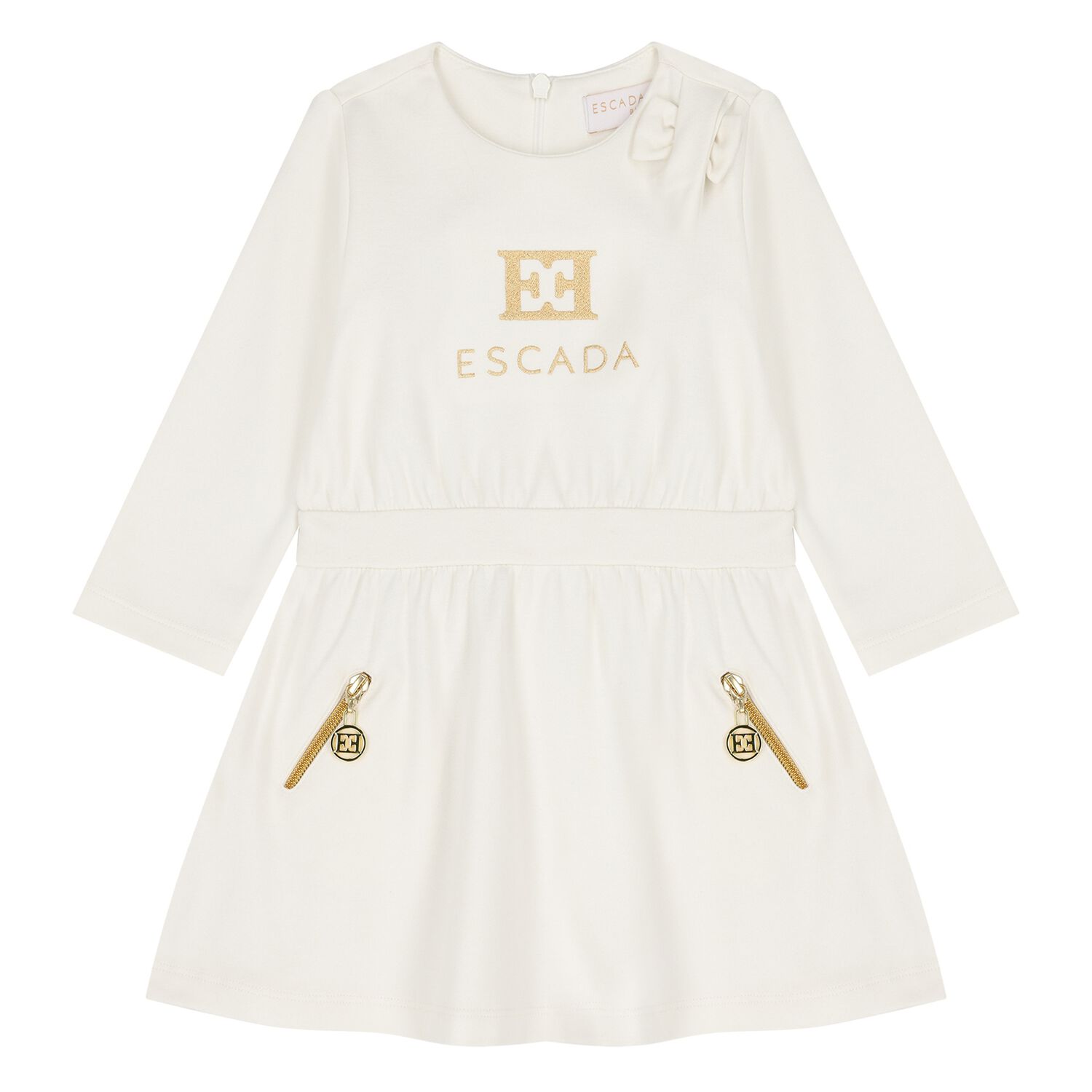 Younger Girls Ivory & Gold Logo Dress, 1, hi-res