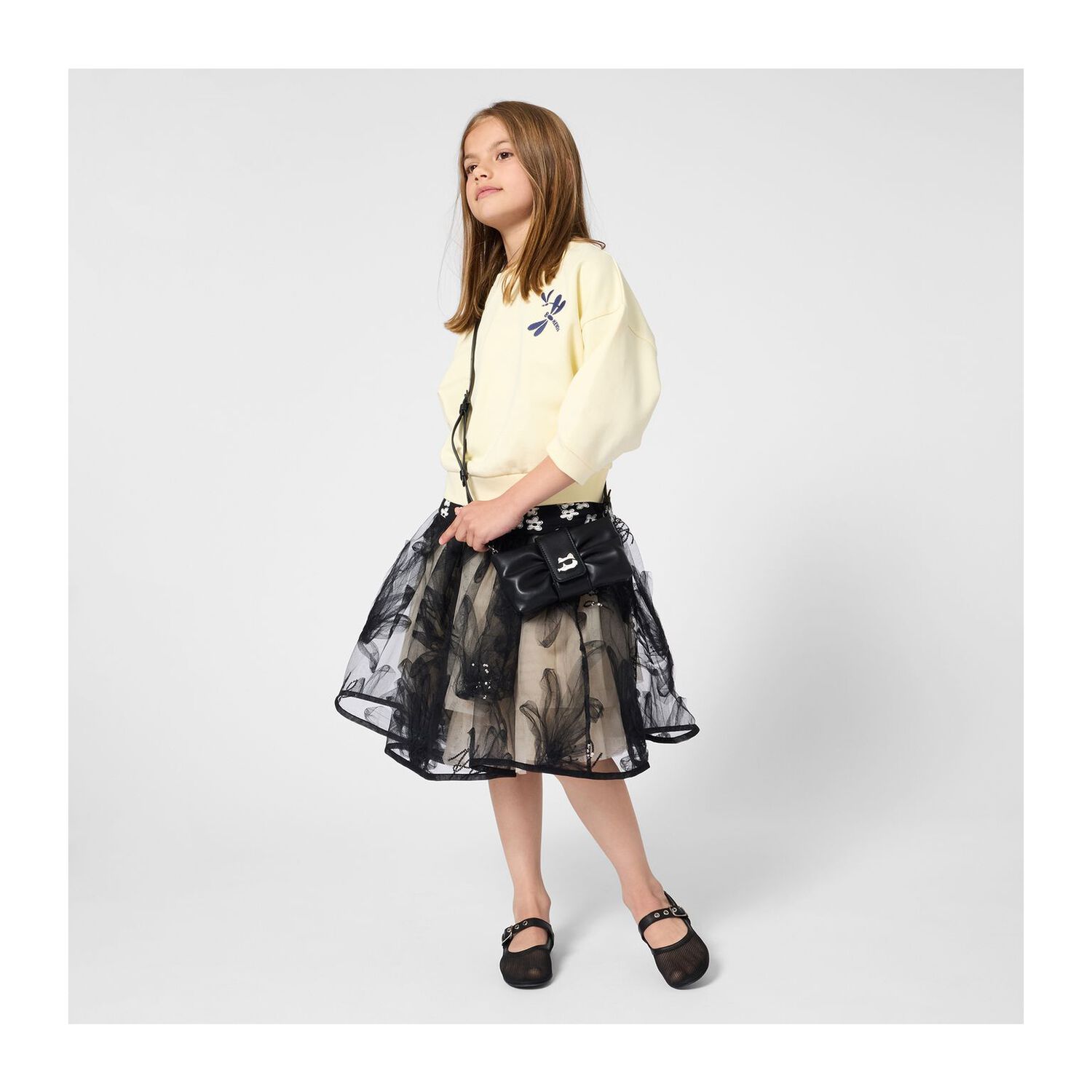 Girls Black & Beige Floral Tulle Skirt, 1, hi-res