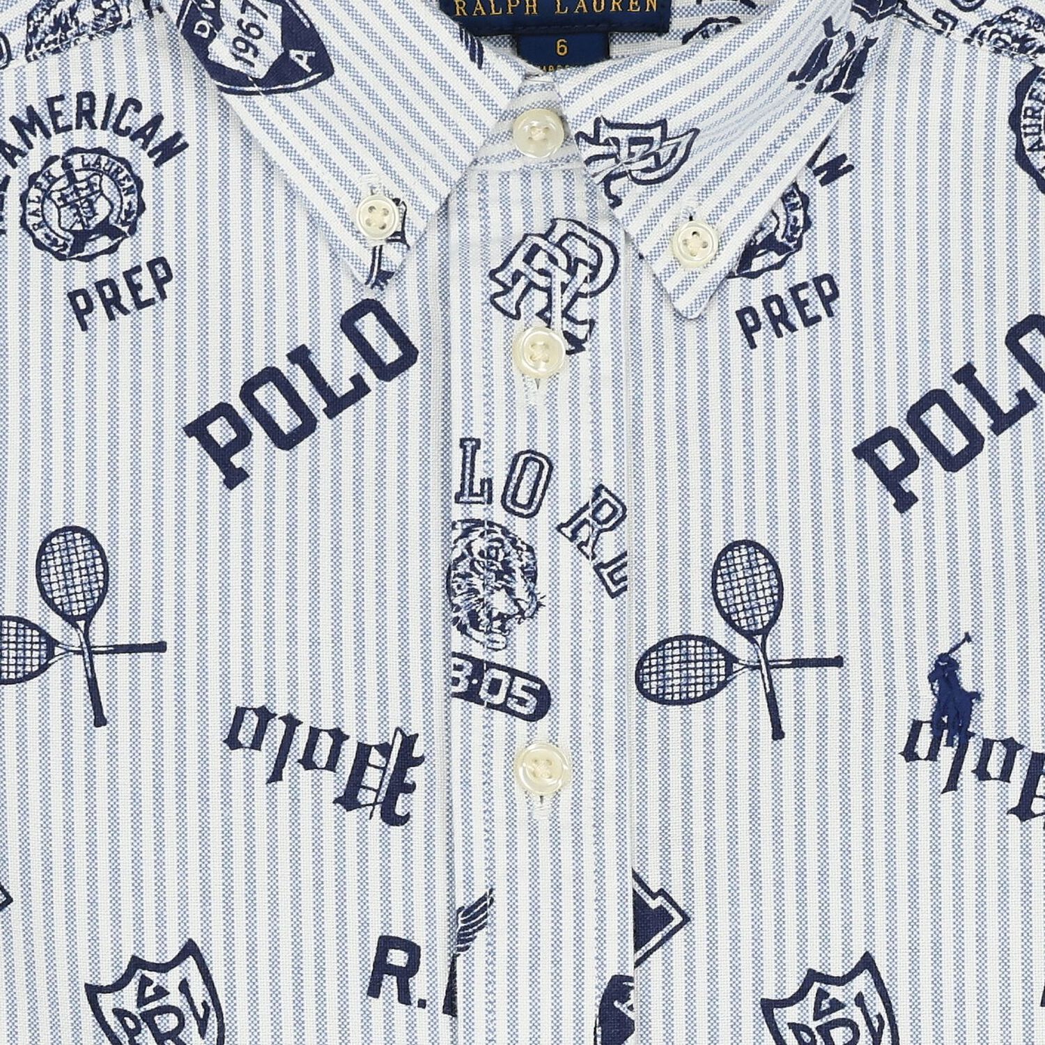 Boys Blue & White Striped Logo Shirt, 1, hi-res