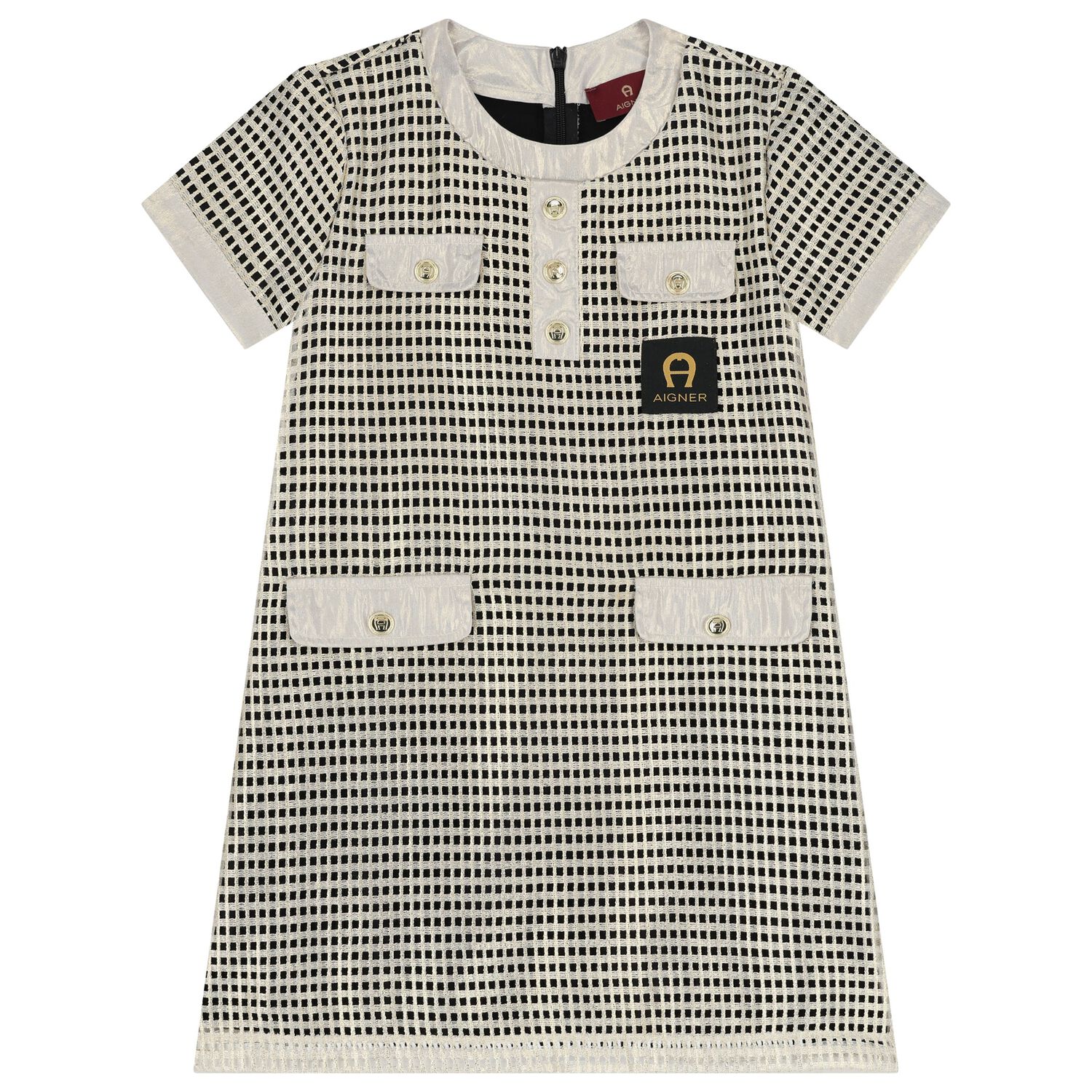 Girls Black & Gold Logo Dress, 2, hi-res