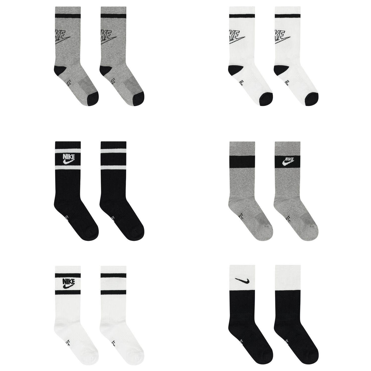 Boys White, Black & Grey Logo Socks ( 6-Pack ), 1, hi-res
