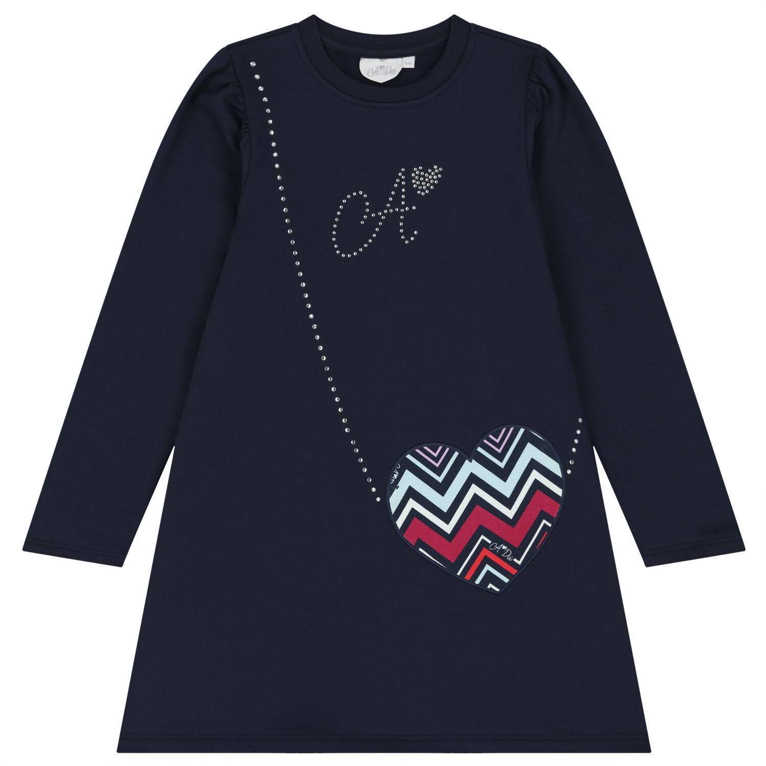 Girls Navy Blue Embellished Logo Dress, 2, hi-res