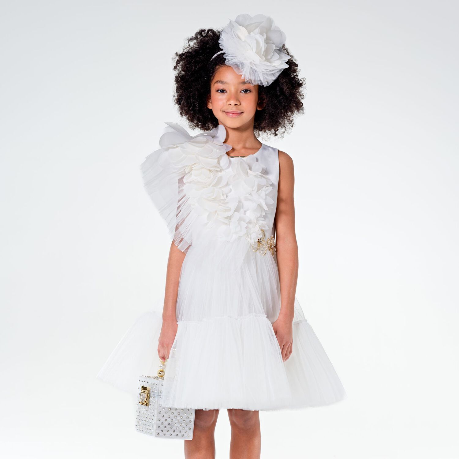 Girls White Tulle Flower Dress, 1, hi-res image number null
