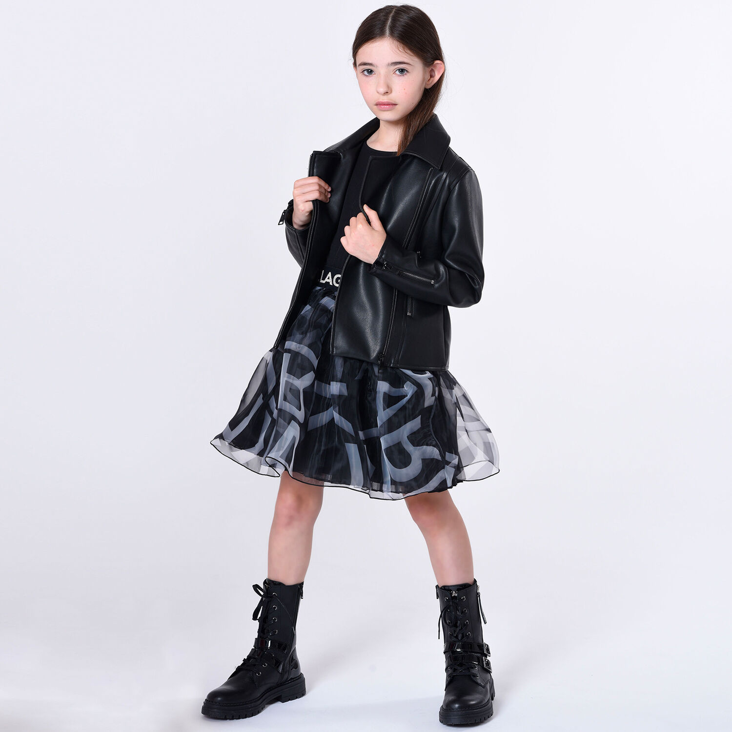 Girls Black & White Logo Organza Dress, 1, hi-res