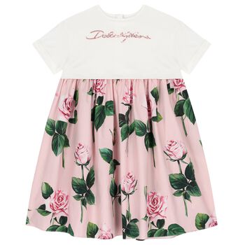 Girls White & Pink Rose Dress
