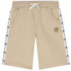Boys Beige Cotton Logo Shorts, 2, hi-res