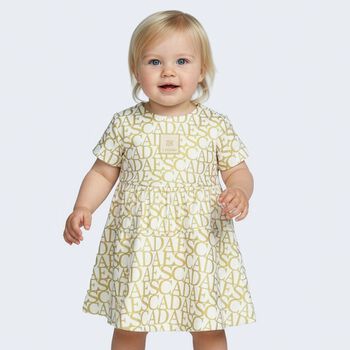 Younger Girls Ivory & Gold Logo Dress