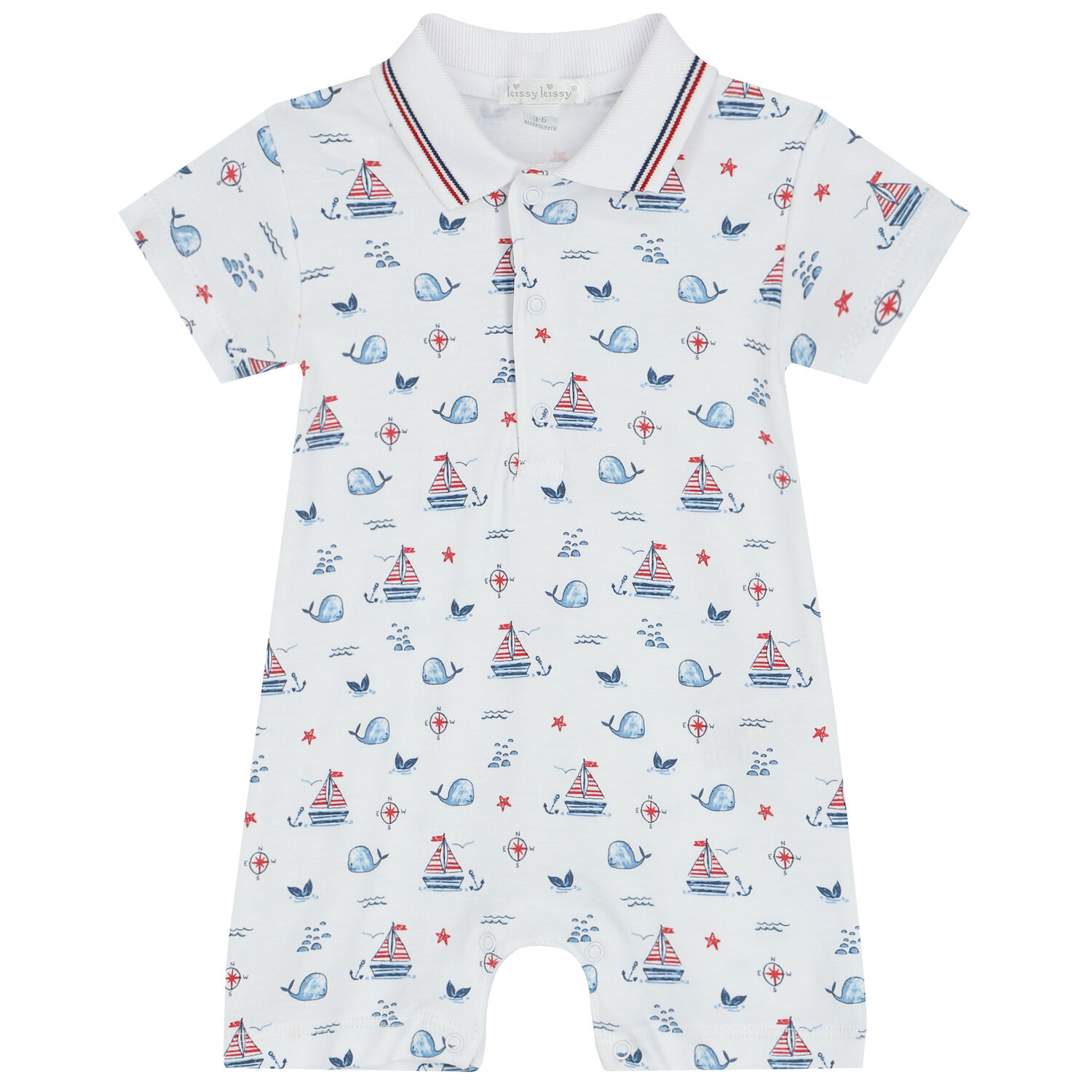 Baby Boys White Sail & Whale Polo Romper, 1, hi-res