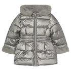 Girls Silver Puffer Coat, 4, hi-res