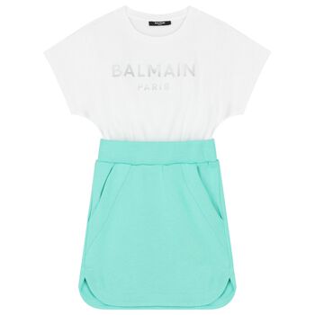 Girls Green and White Cotton Dress