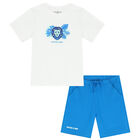 Boys Blue & White Logo Short Set, 1, hi-res