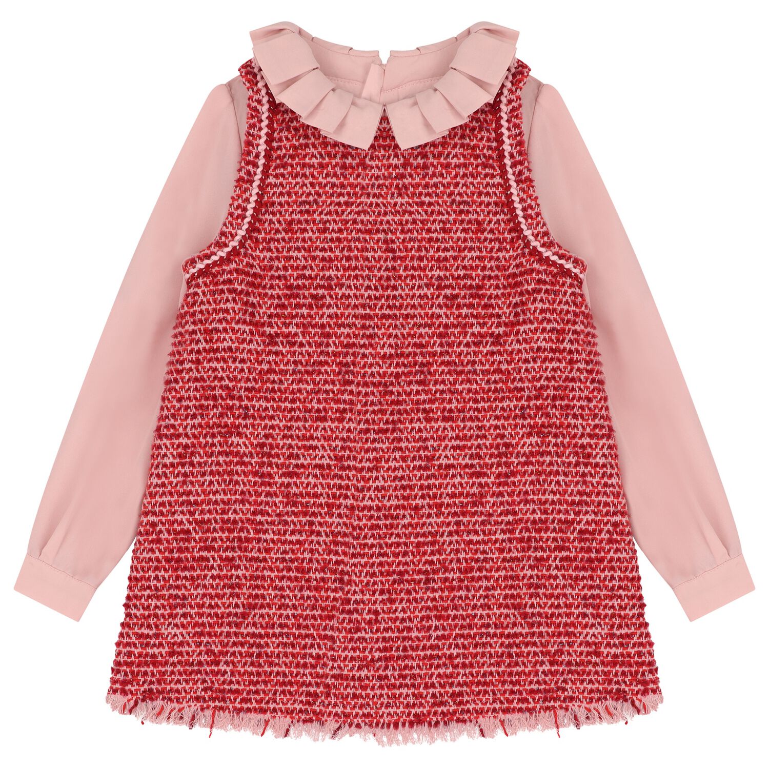 Girls Red Tweed & Pink Crêpe Chiffon Dress, 1, hi-res