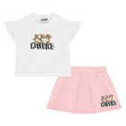 Younger Girls White & Pink Teddy Bear Logo Skirt Set, 1, hi-res