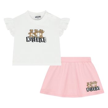 Younger Girls White & Pink Teddy Bear Logo Skirt Set