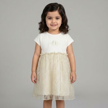 Younger Girls Ivory & Gold Logo Dress