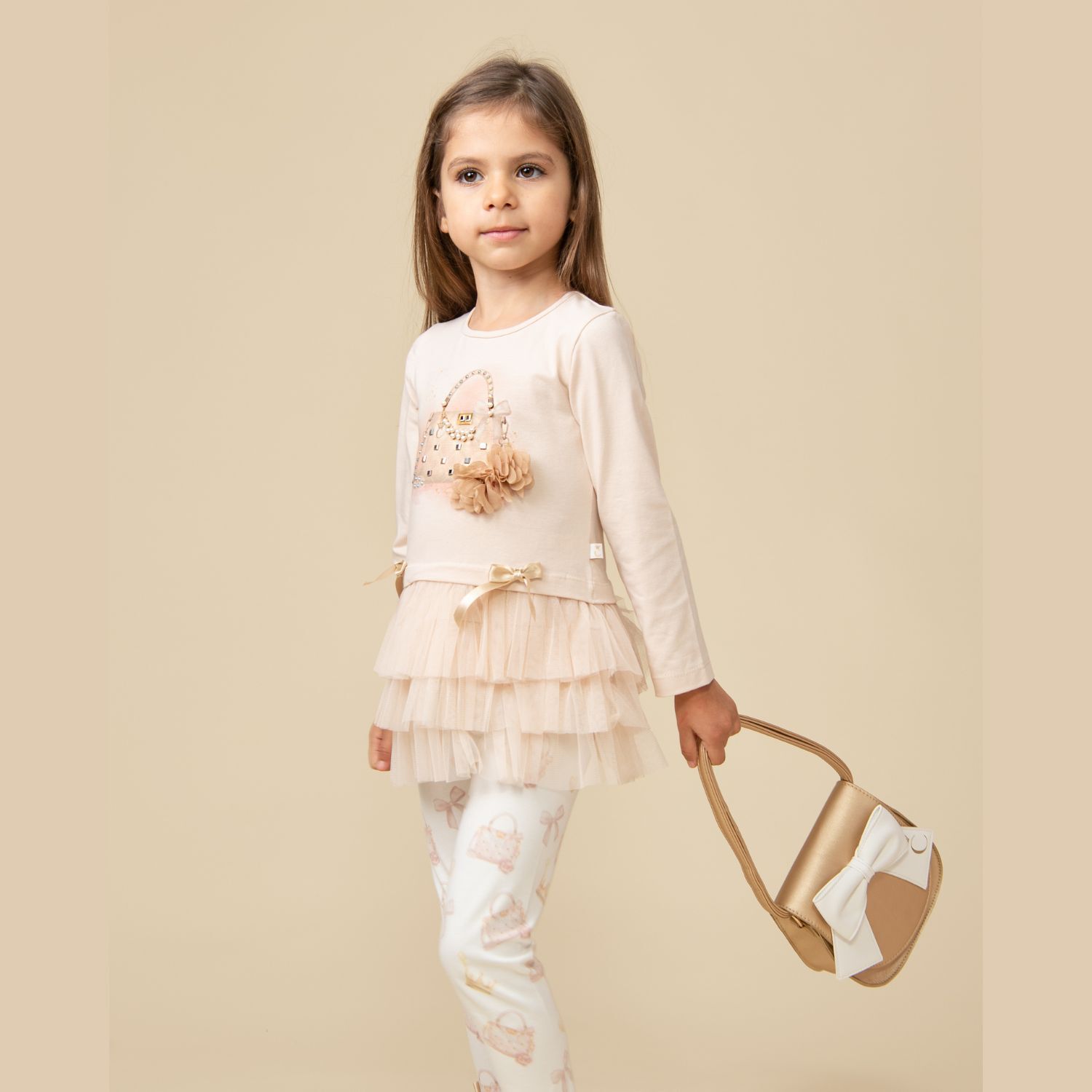Girls Gold & White Bow Bag, 1, hi-res