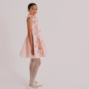 Girls Pink 3D Flowers Satin Dress