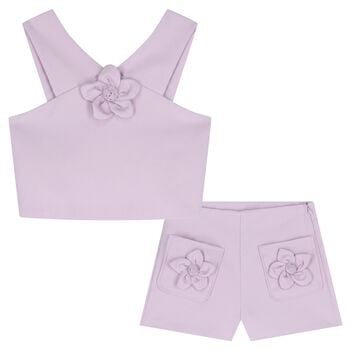 Girls Lilac Crepe Flower Shorts Set