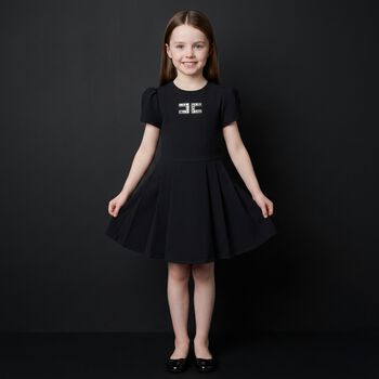 Girls Black Diamante Logo Pleated Dress