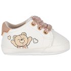 Baby Girls White & Beige Teddy Bear Trainers, 1, hi-res