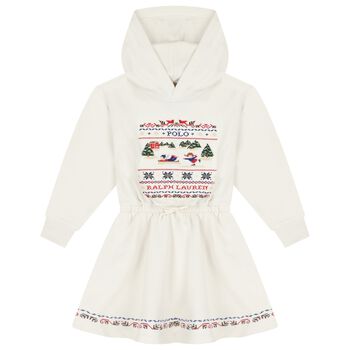Girls White Festive Hooded Dress