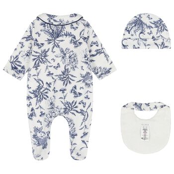 Ivory & Navy Blue Toile De Jouy Babygrow Gift Set