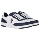 Boys White & Navy Blue Logo Trainers, 1, hi-res