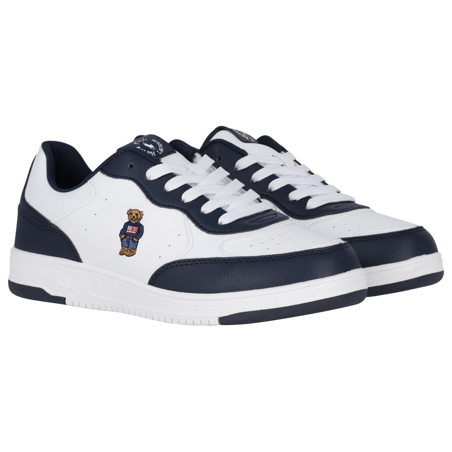 Boys White & Navy Blue Logo Trainers, 1, hi-res